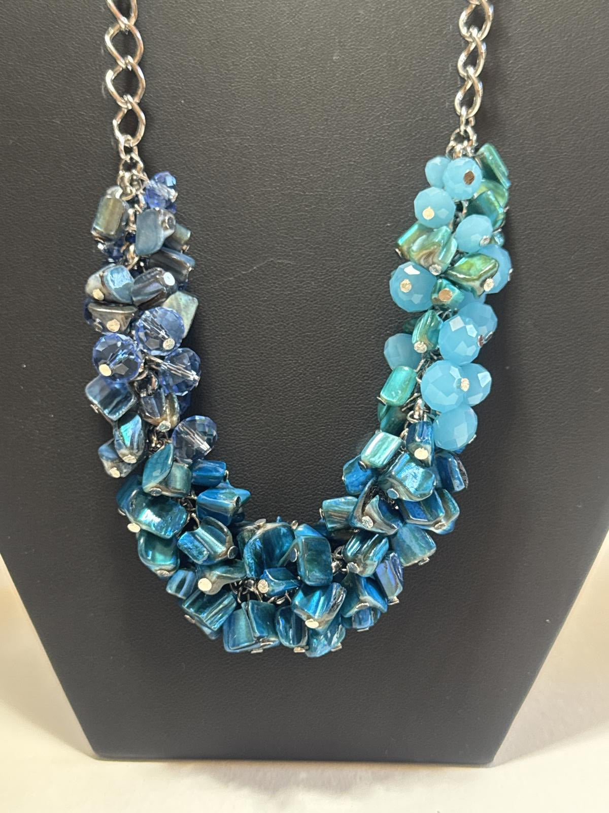 Chunky Blue Beaded Statement Necklace – Multi-Tone Layered Jewelry