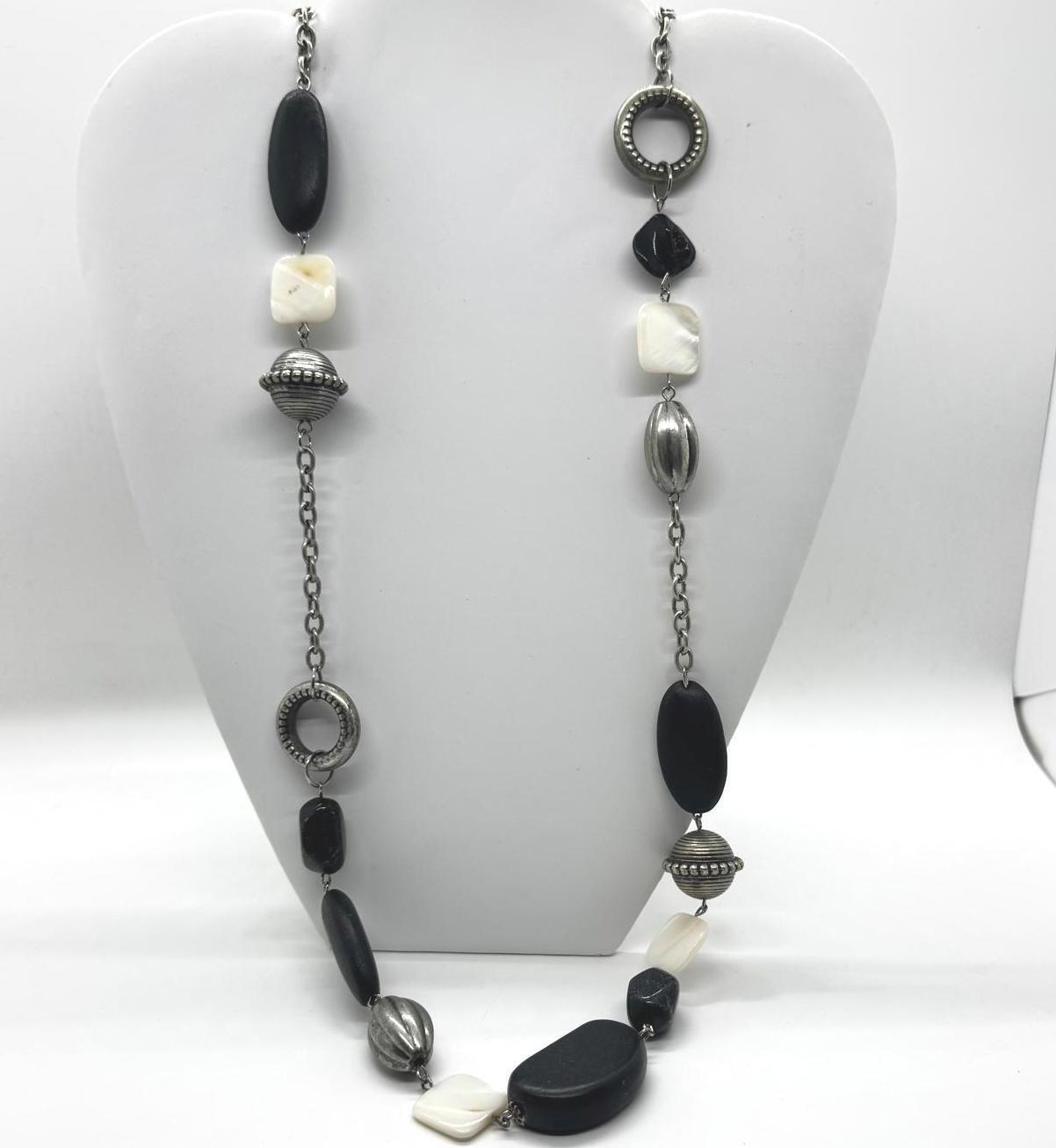 Black & White Mixed Bead Long Statement Necklace – Modern Boho Chunky Jewelry