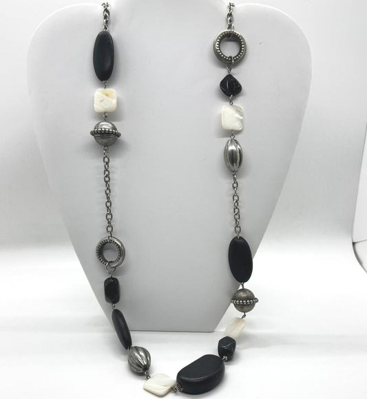 Black & White Mixed Bead Long Statement Necklace – Modern Boho Chunky Jewelry