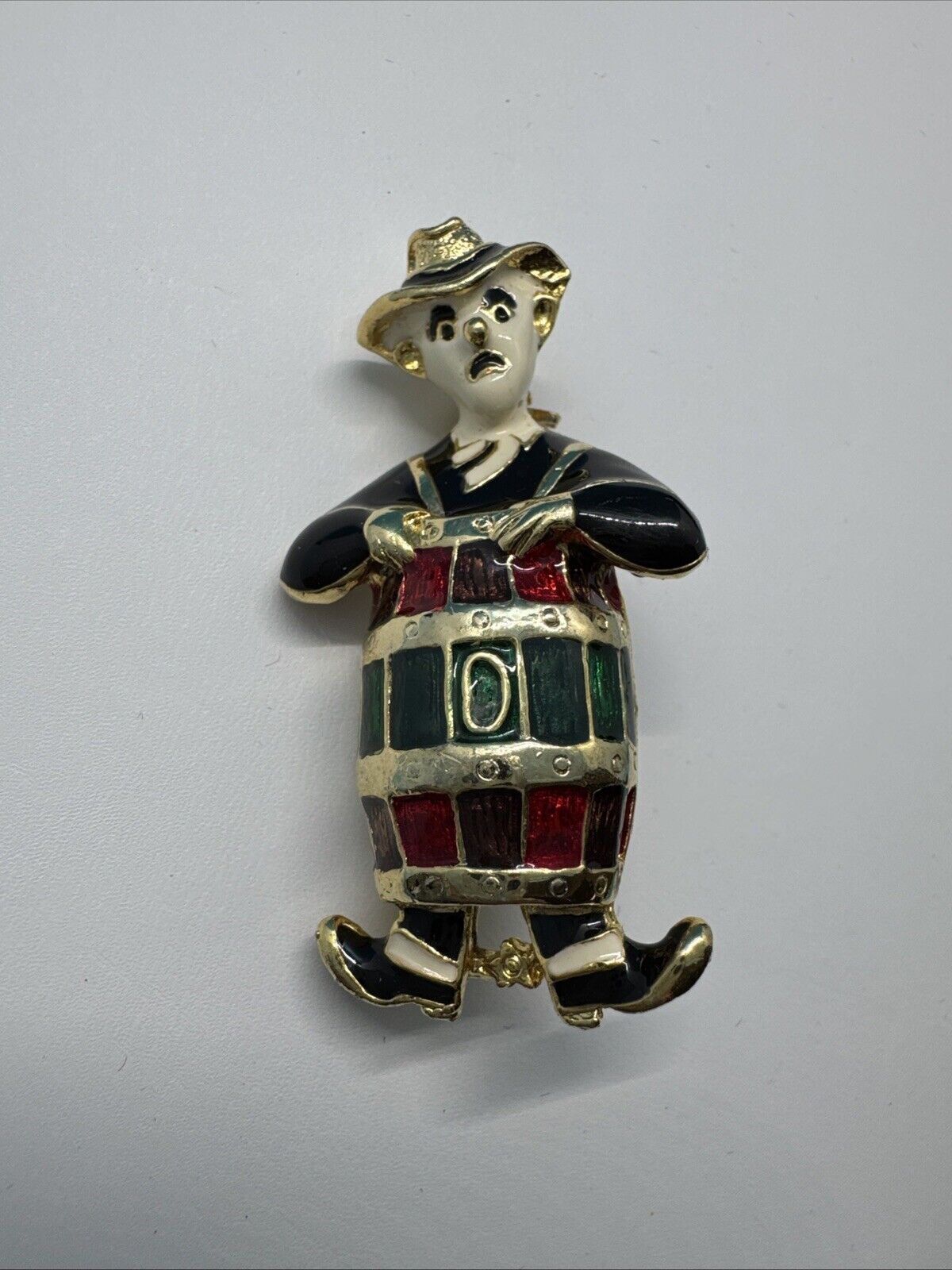 Vintage Brooch Rodeo Clown in a Barrel Gold Tone White Enamel Red Amber Black 