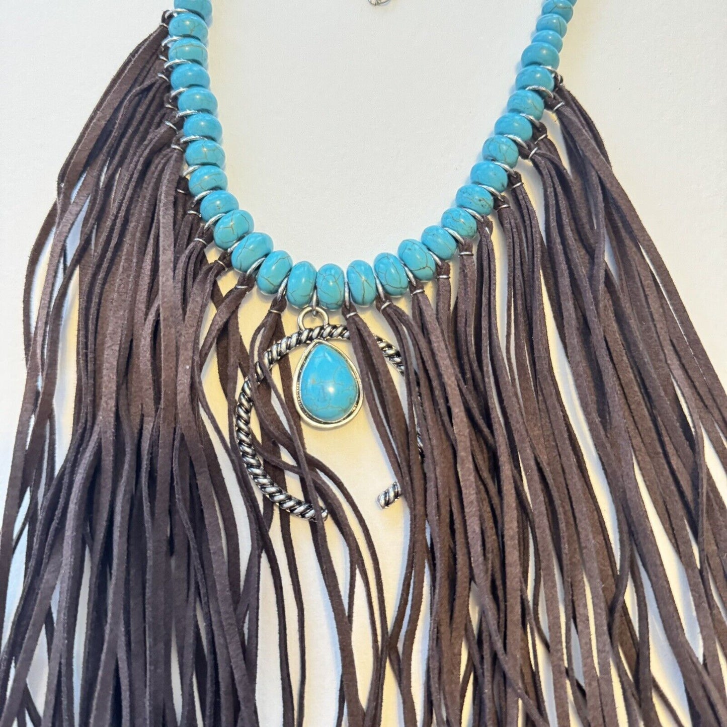 Boho Statement Necklace With Turquoise Color Beads And Faux Suade