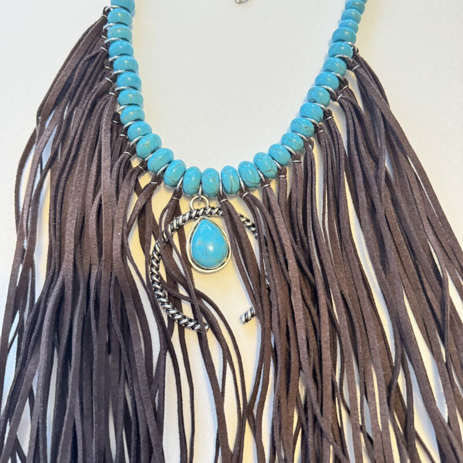 Boho Statement Necklace With Turquoise Color Beads And Faux Suade