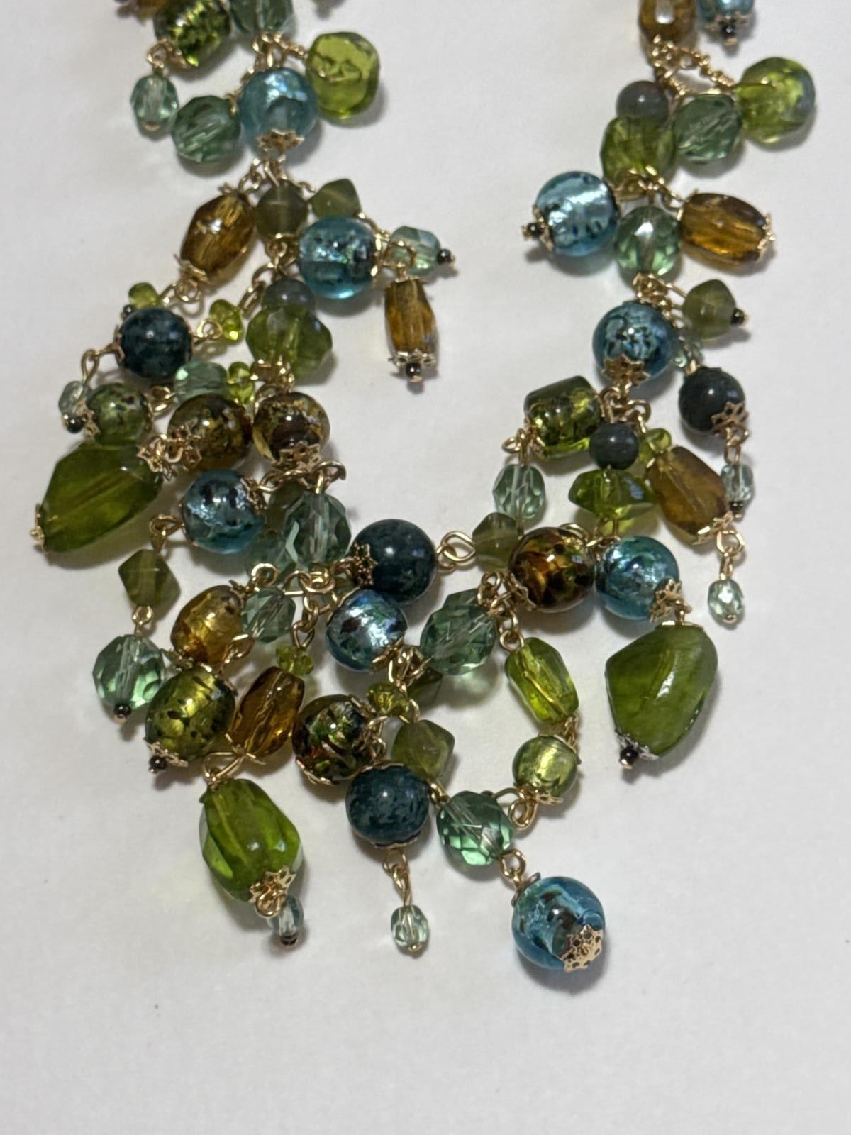 Multi-Strand Beaded Necklace – Green & Blue Glass Bead Statement Jewelry