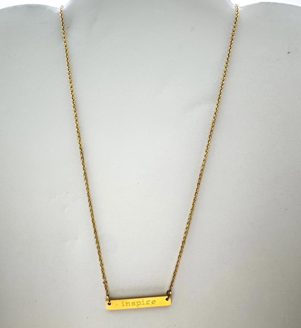 Gold-Tone Bar Pendant Necklace – "Inspire" Engraved Minimalist Jewelry