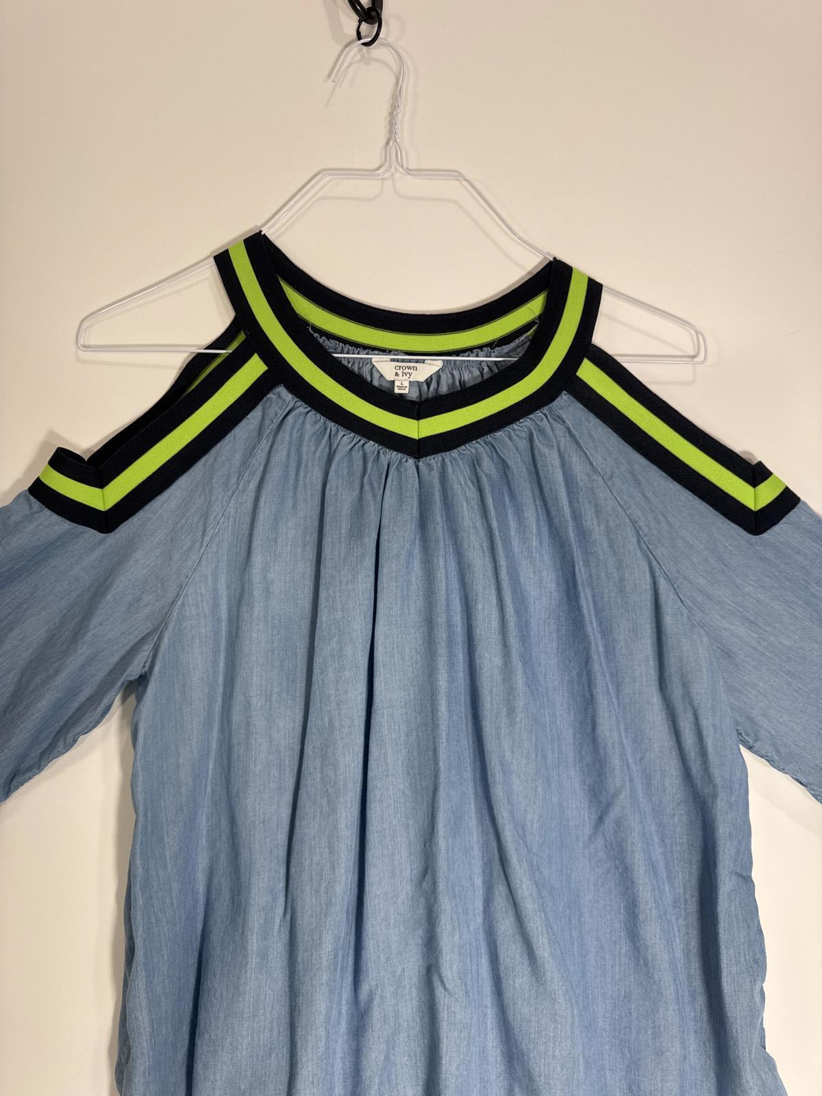 Stylish Cold Shoulder Top by Crown & Ivy - Light Blue with Neon Accents Size L
