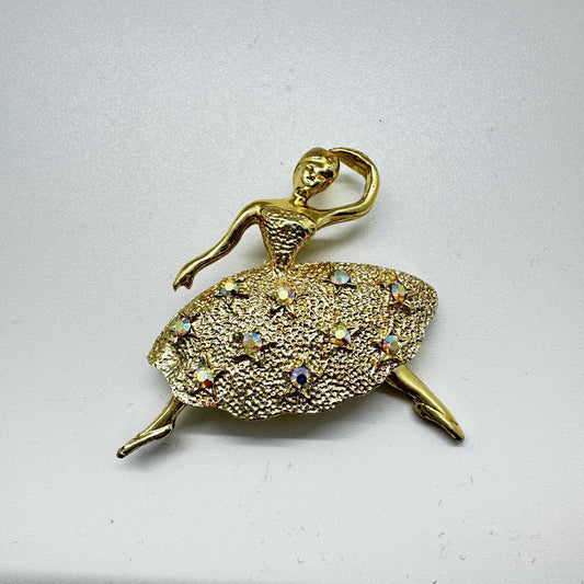 Vintage Gold-Tone Ballerina Brooch – Rhinestone Embellished Ballet Dancer Pin