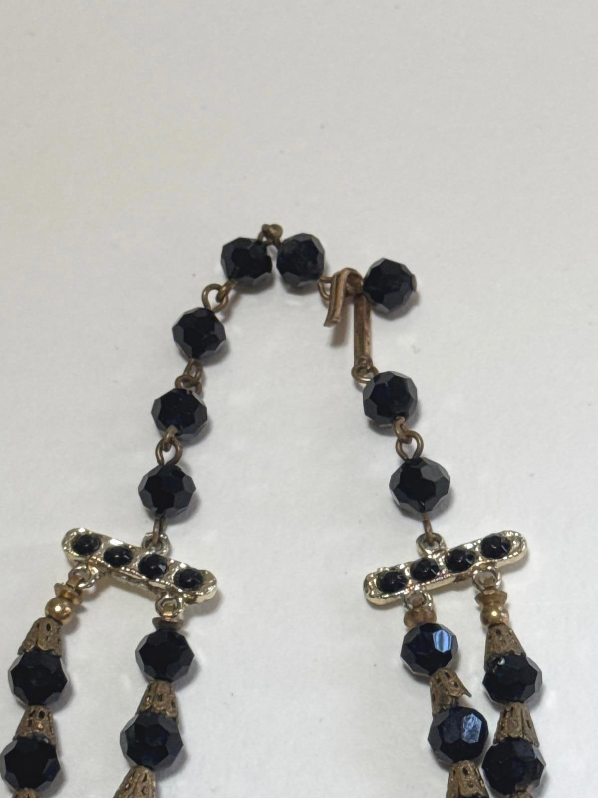 Vintage Black Faceted Bead Necklace – Double Strand Gold-Tone Statement Jewelry