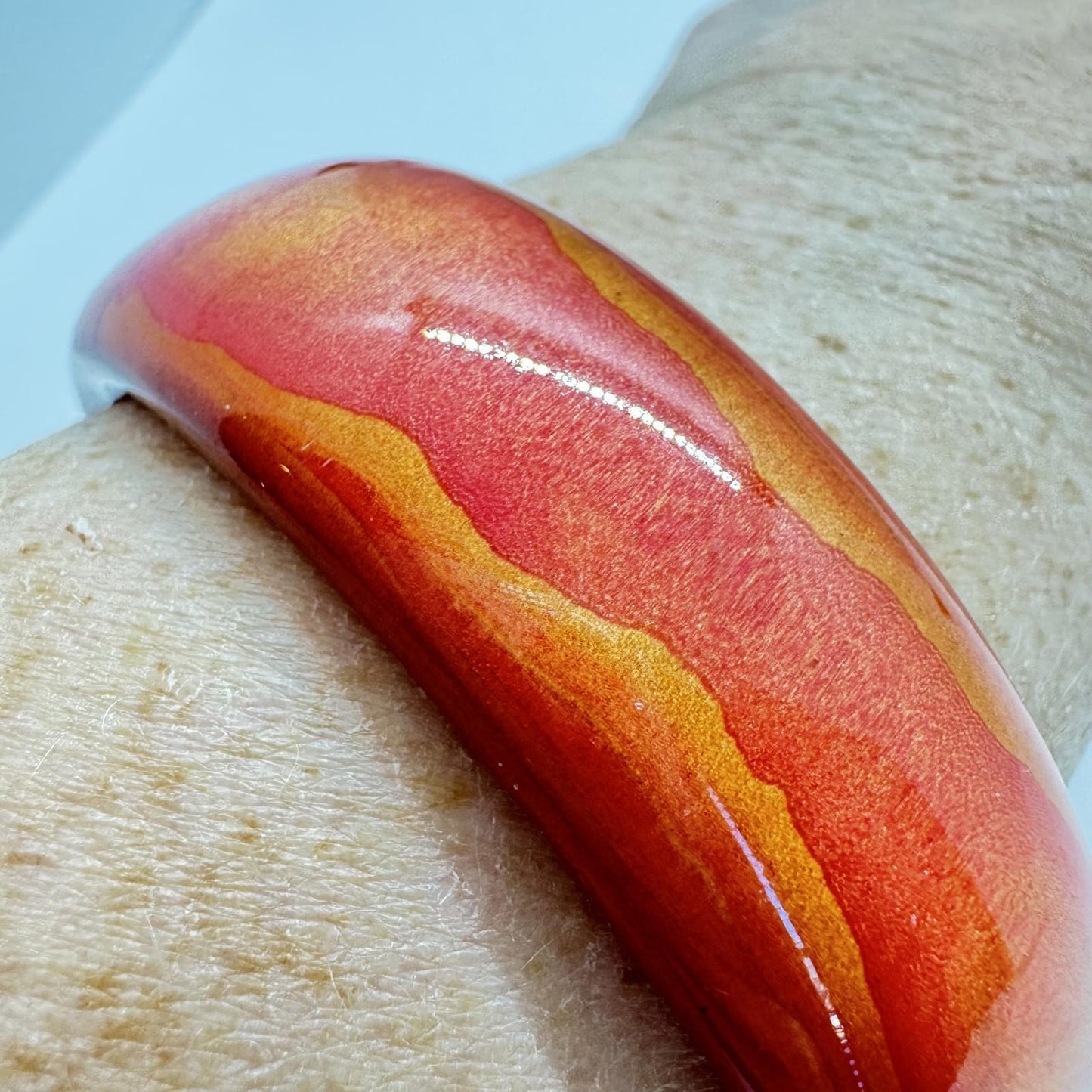Handmade Wooden Bangle Bracelet – Red & Orange Swirl, Boho Artisan Jewelry