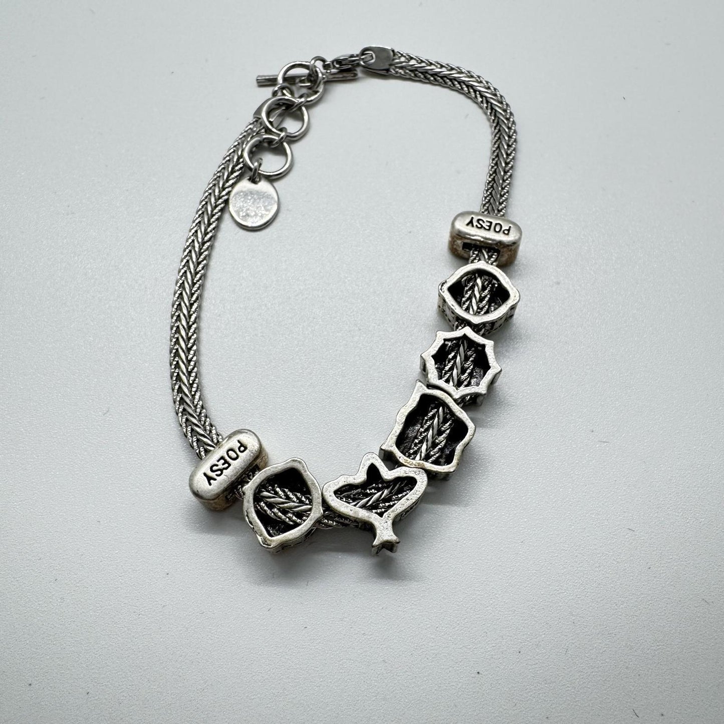 Poesy Silver-Tone Charm Bracelet – Boho Owl & Floral Beads, Vintage-Inspired