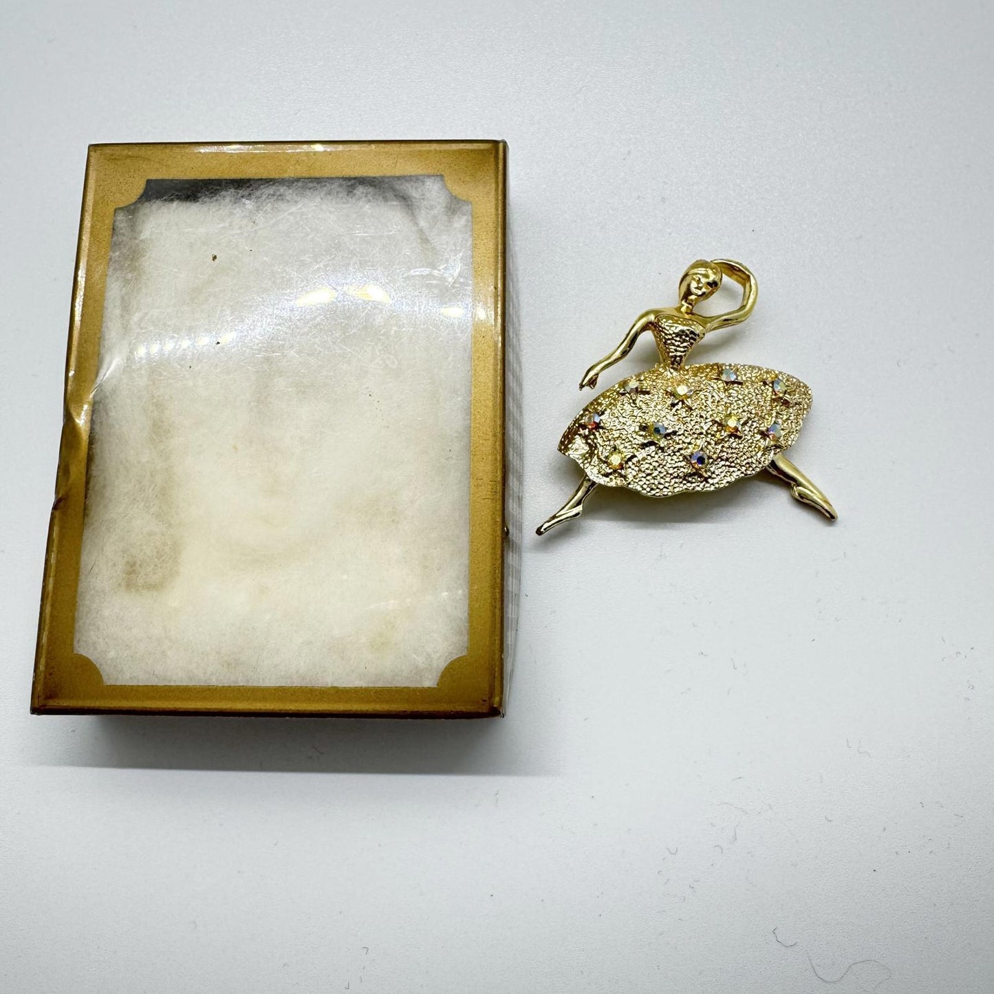 Vintage Gold-Tone Ballerina Brooch – Rhinestone Embellished Ballet Dancer Pin