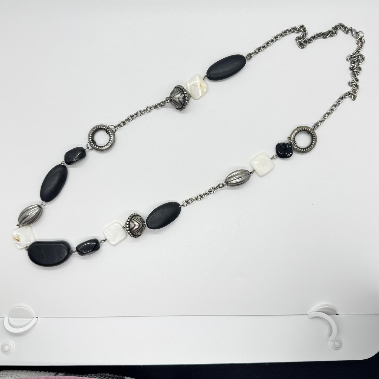 Black & White Mixed Bead Long Statement Necklace – Modern Boho Chunky Jewelry