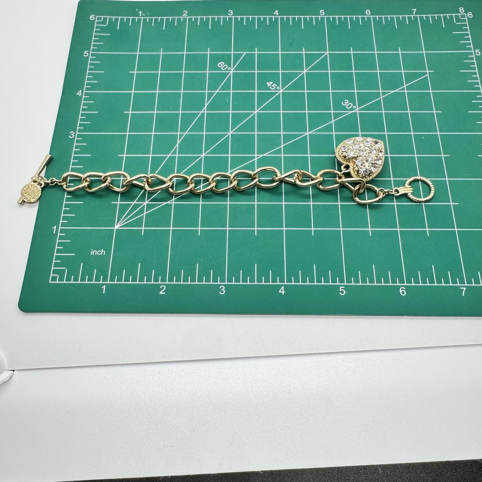 Liz Claiborne Gold-Tone Heart Charm Bracelet – Rhinestone Pave Toggle Chain