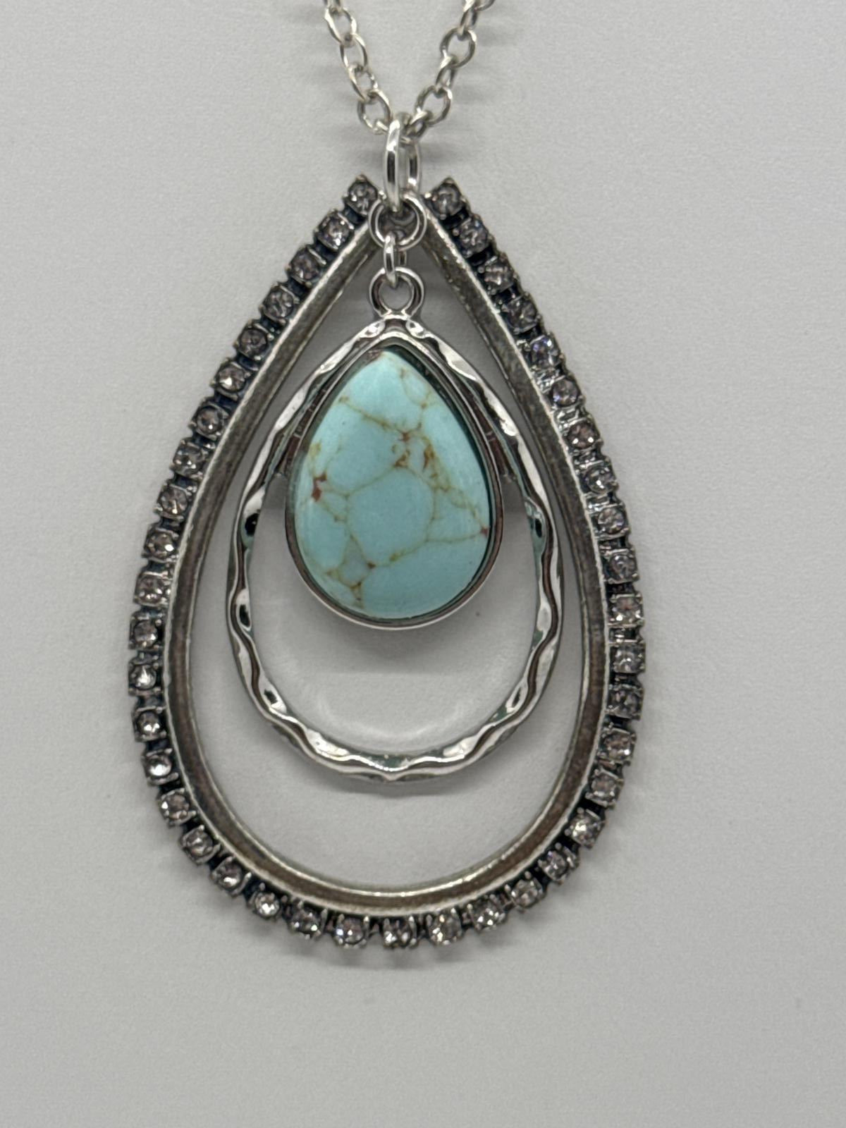 Silver-Tone Turquoise & Rhinestone Teardrop Pendant Necklace – Boho Statement