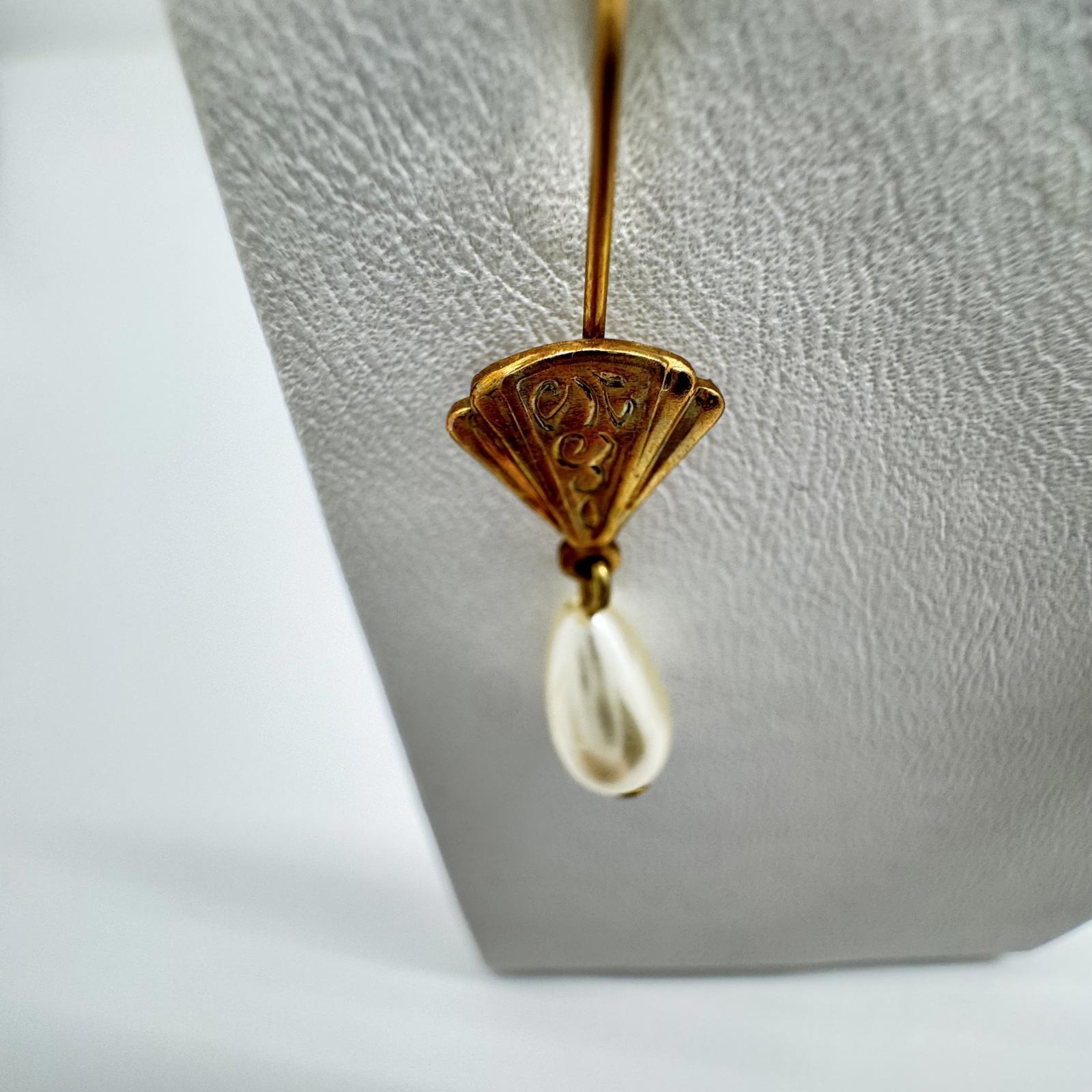 Vintage Art Deco Gold-Tone Pearl Drop Earrings – Filigree Fan Dangle