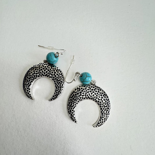 Silver-Tone Crescent Moon Earrings with Turquoise Beads – Boho Jewelry