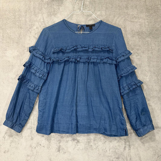 J.Crew Blue Ruffle Long Sleeve Blouse – Boho Chic Tiered Top, Women's Size 8
