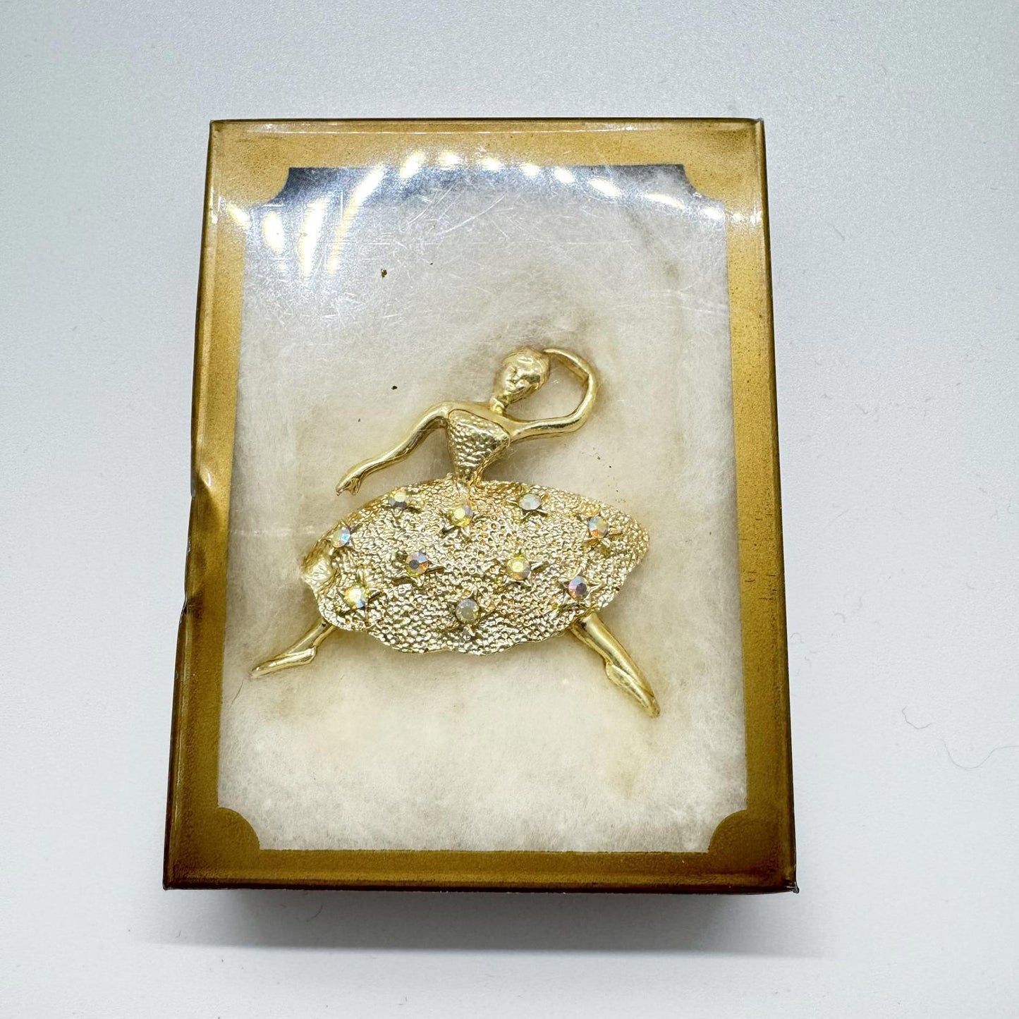 Vintage Gold-Tone Ballerina Brooch – Rhinestone Embellished Ballet Dancer Pin