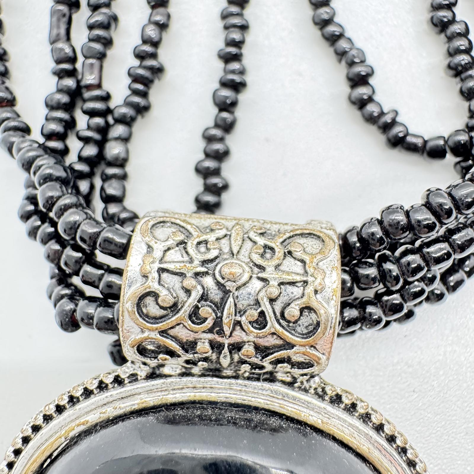 Silver-Tone Black Beaded Multi-Strand Necklace – Statement Pendant Jewelry