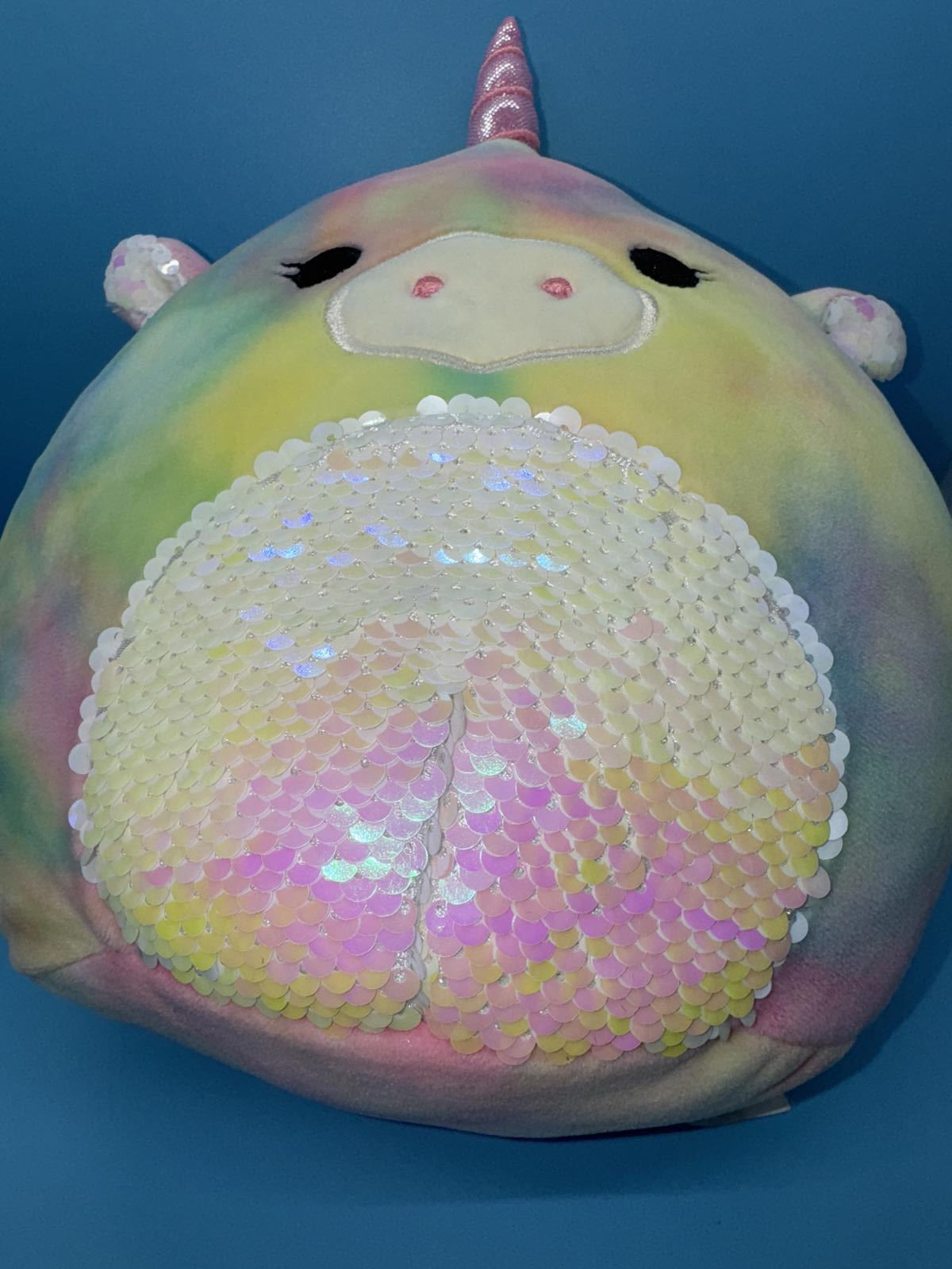 Squishmallows Cute Rainbow Tie Dye Unicorn Plush Pillow - Sequin Details