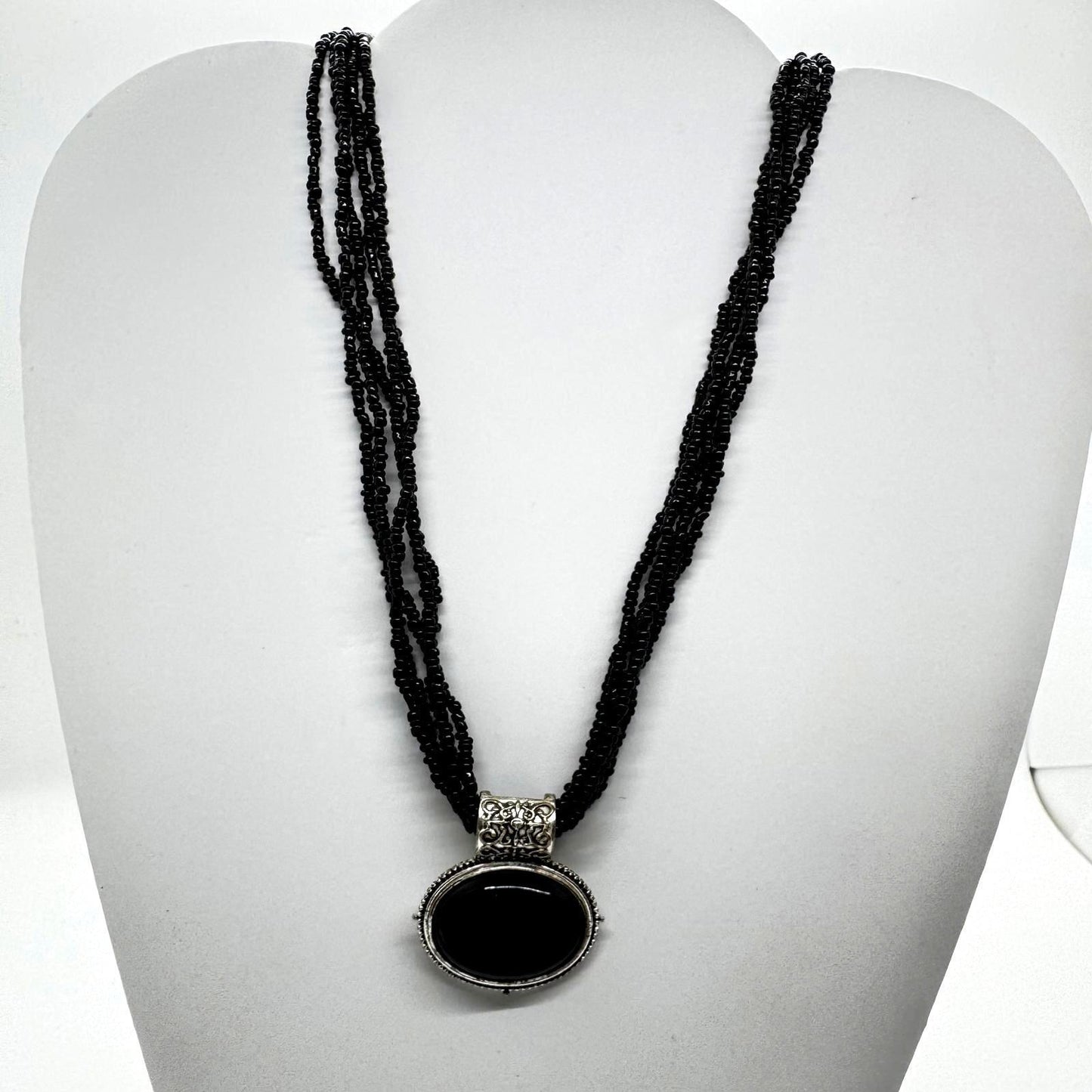 Silver-Tone Black Beaded Multi-Strand Necklace – Statement Pendant Jewelry