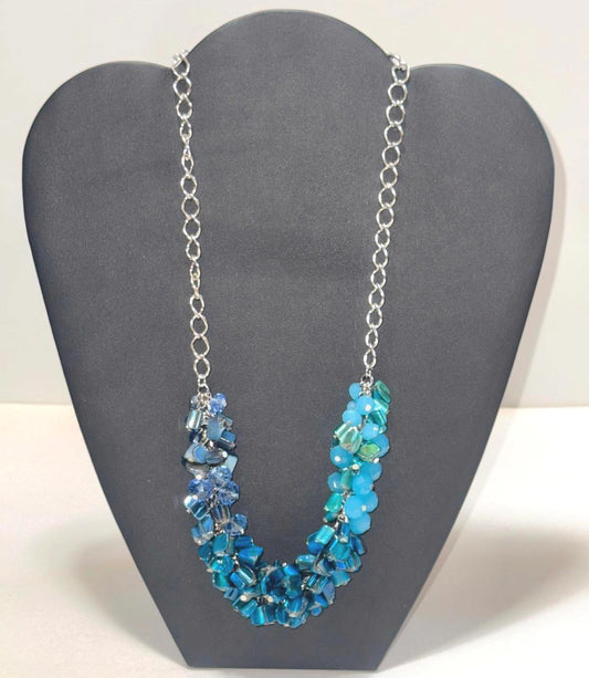 Chunky Blue Beaded Statement Necklace – Multi-Tone Layered Jewelry