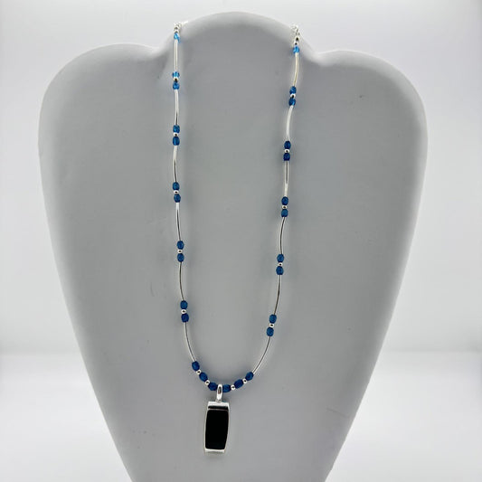 Signed Elegant Blue Beaded Necklace with Silver Tone Pendant BoHo Artisan VTG