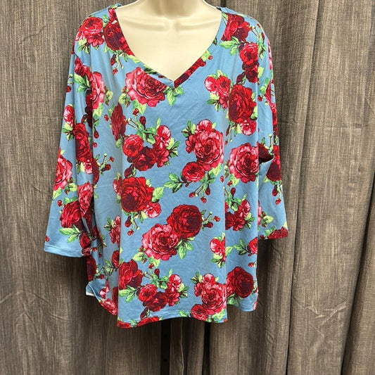 The Pioneer Woman Blue Bell Sleeve Blouse with Red Floral Design
