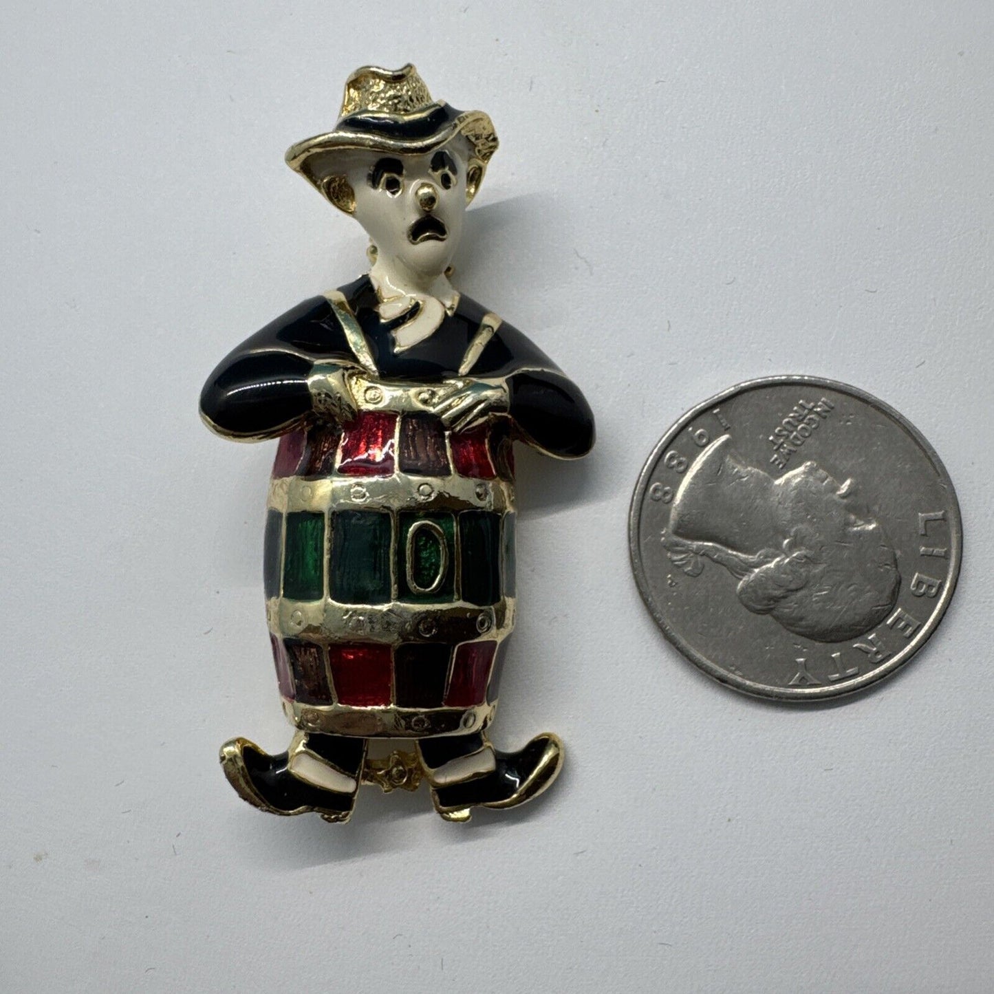 Vintage Brooch Rodeo Clown in a Barrel Gold Tone White Enamel Red Amber Black 