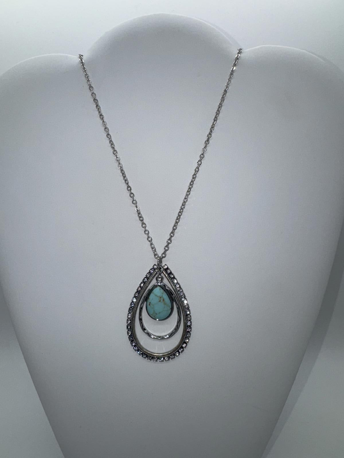 Silver-Tone Turquoise & Rhinestone Teardrop Pendant Necklace – Boho Statement