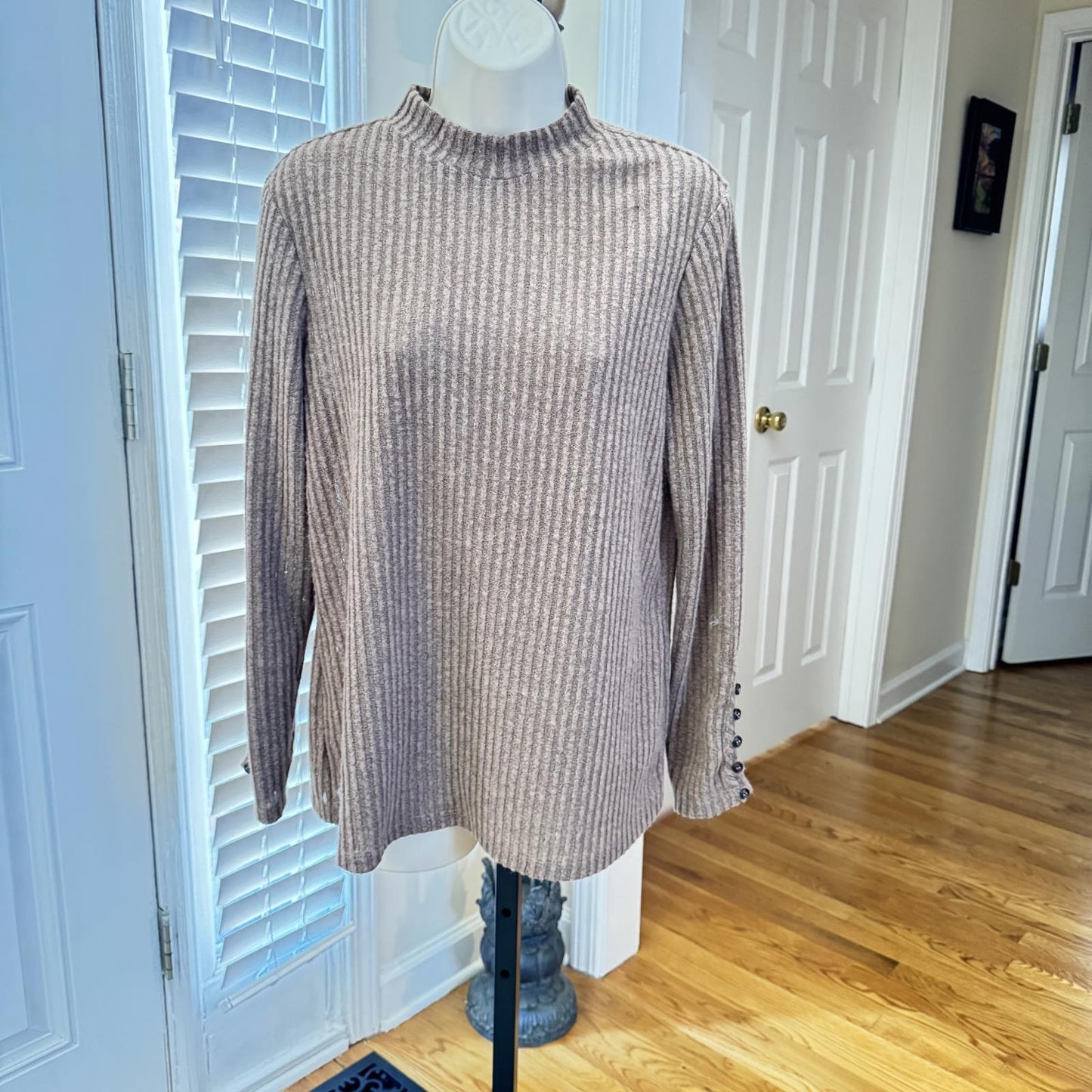 XL Perception Concept Mocha Brown Ribbed Sweater, Mock Neck, Sleeve Buttons