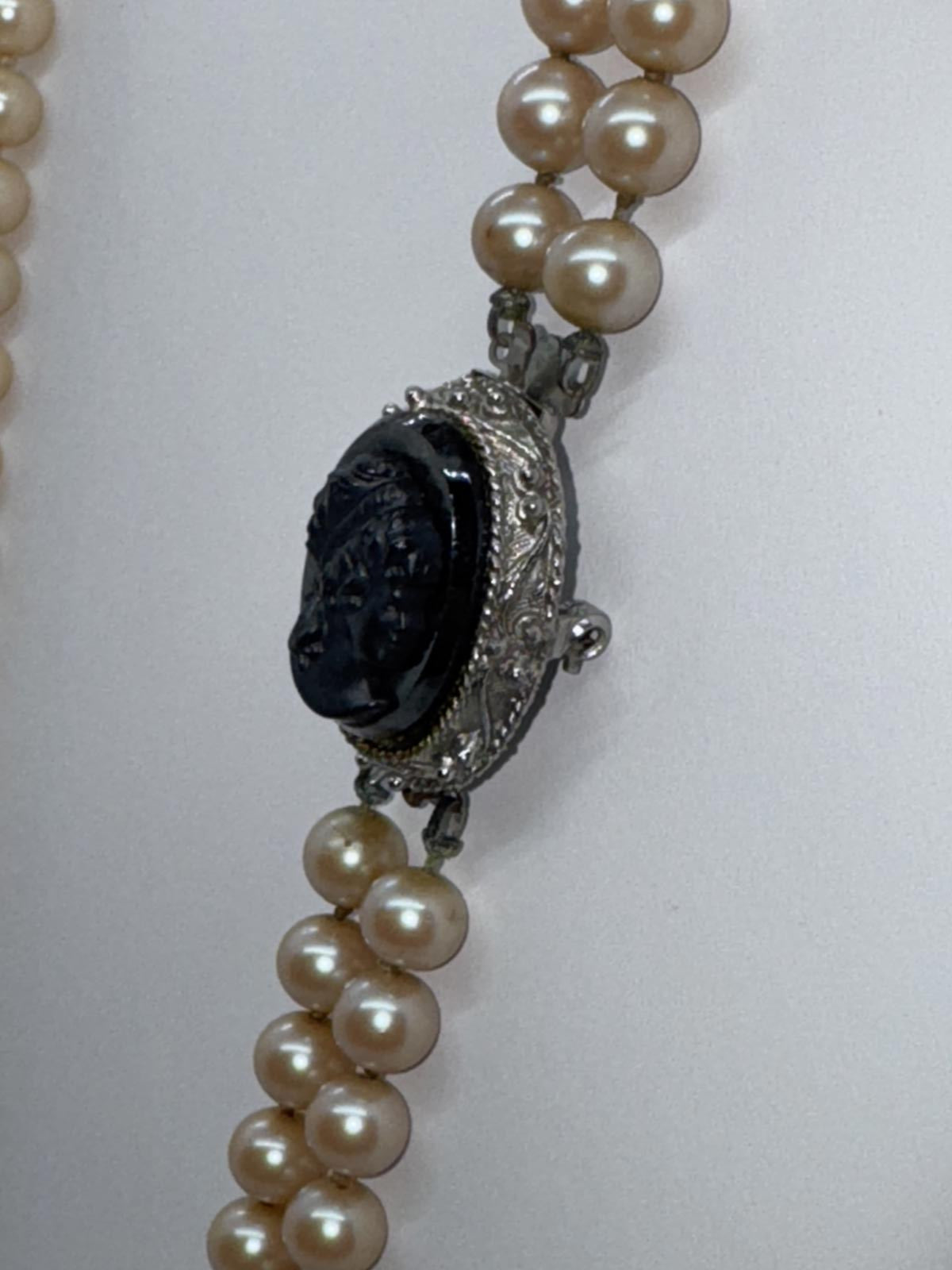 Elegant Vintage Two-Strand Faux Pearl Necklace with Cameo Pendant