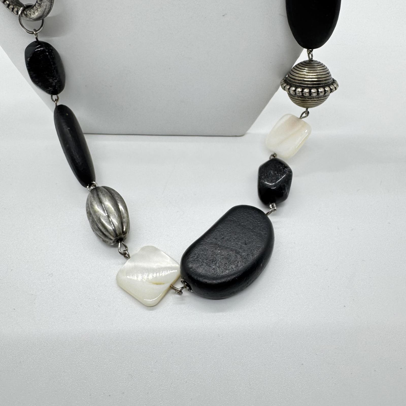 Black & White Mixed Bead Long Statement Necklace – Modern Boho Chunky Jewelry