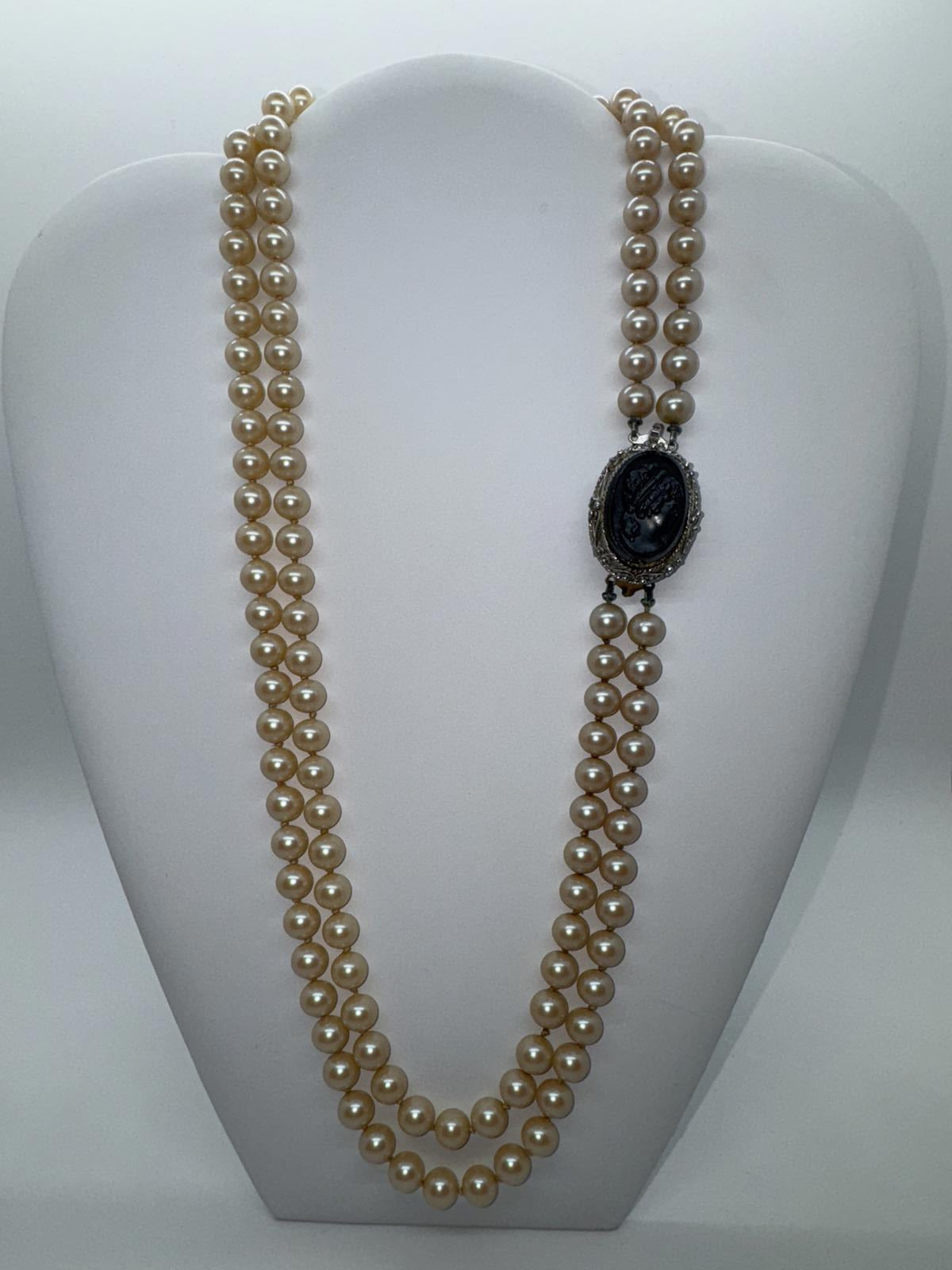 Elegant Vintage Two-Strand Faux Pearl Necklace with Cameo Pendant