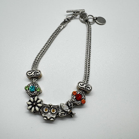 Poesy Silver-Tone Charm Bracelet – Boho Owl & Floral Beads, Vintage-Inspired