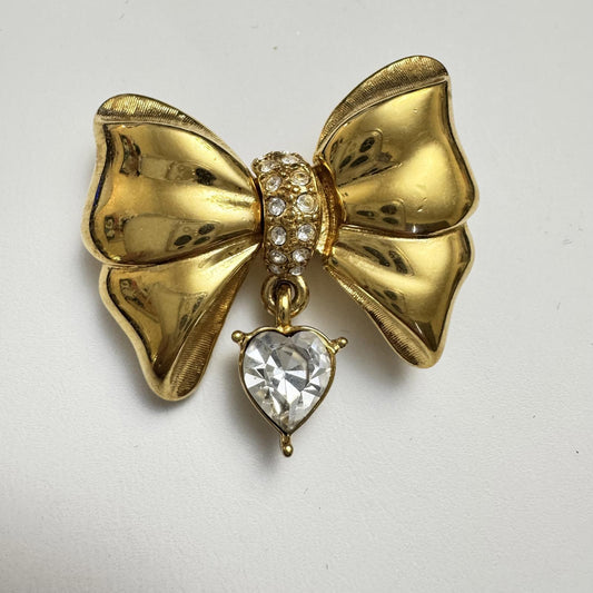  VTG Monet Gold Bow Brooch with Dangling Heart – Romantic Grandmacore Jewelry