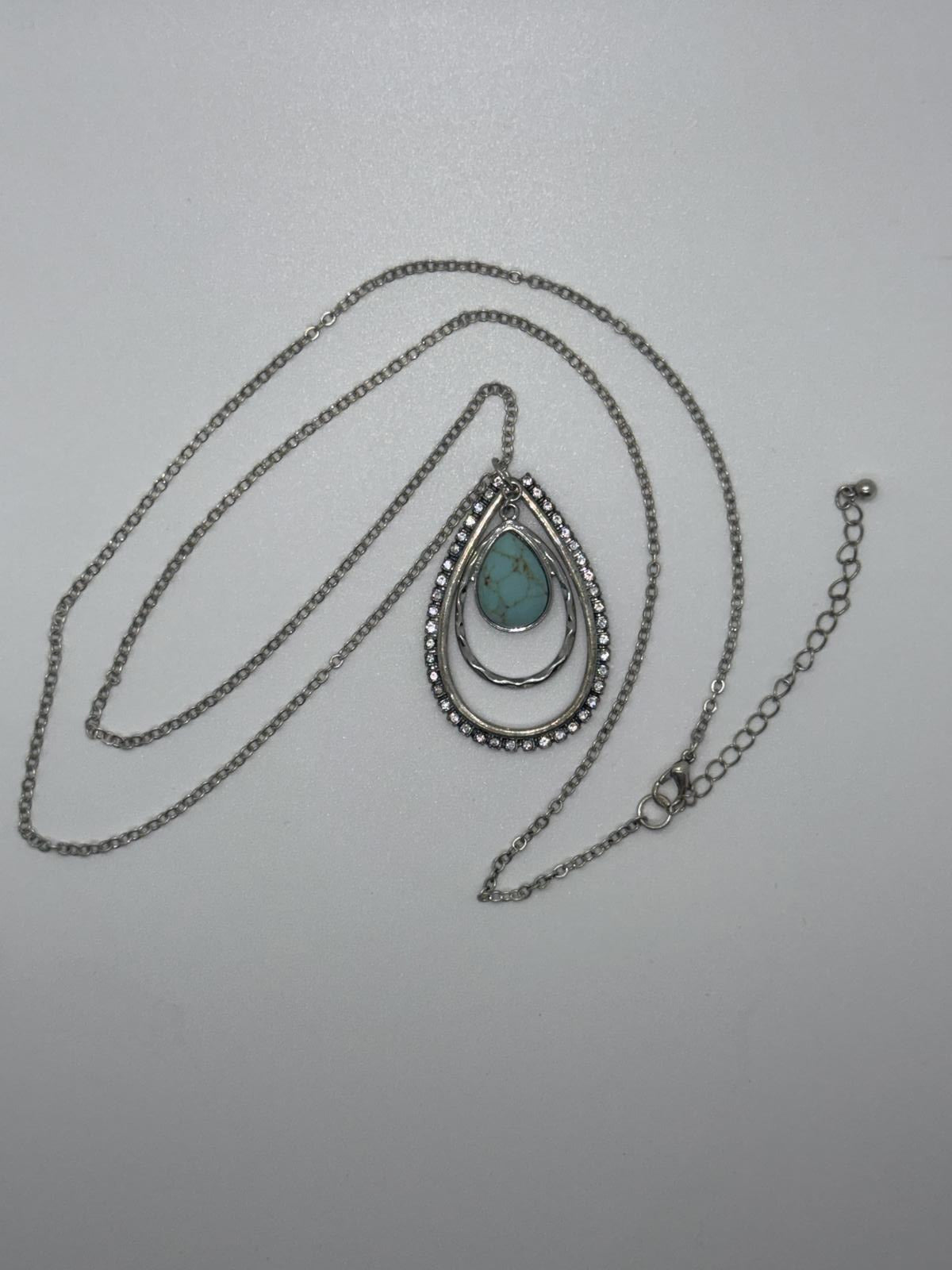 Silver-Tone Turquoise & Rhinestone Teardrop Pendant Necklace – Boho Statement