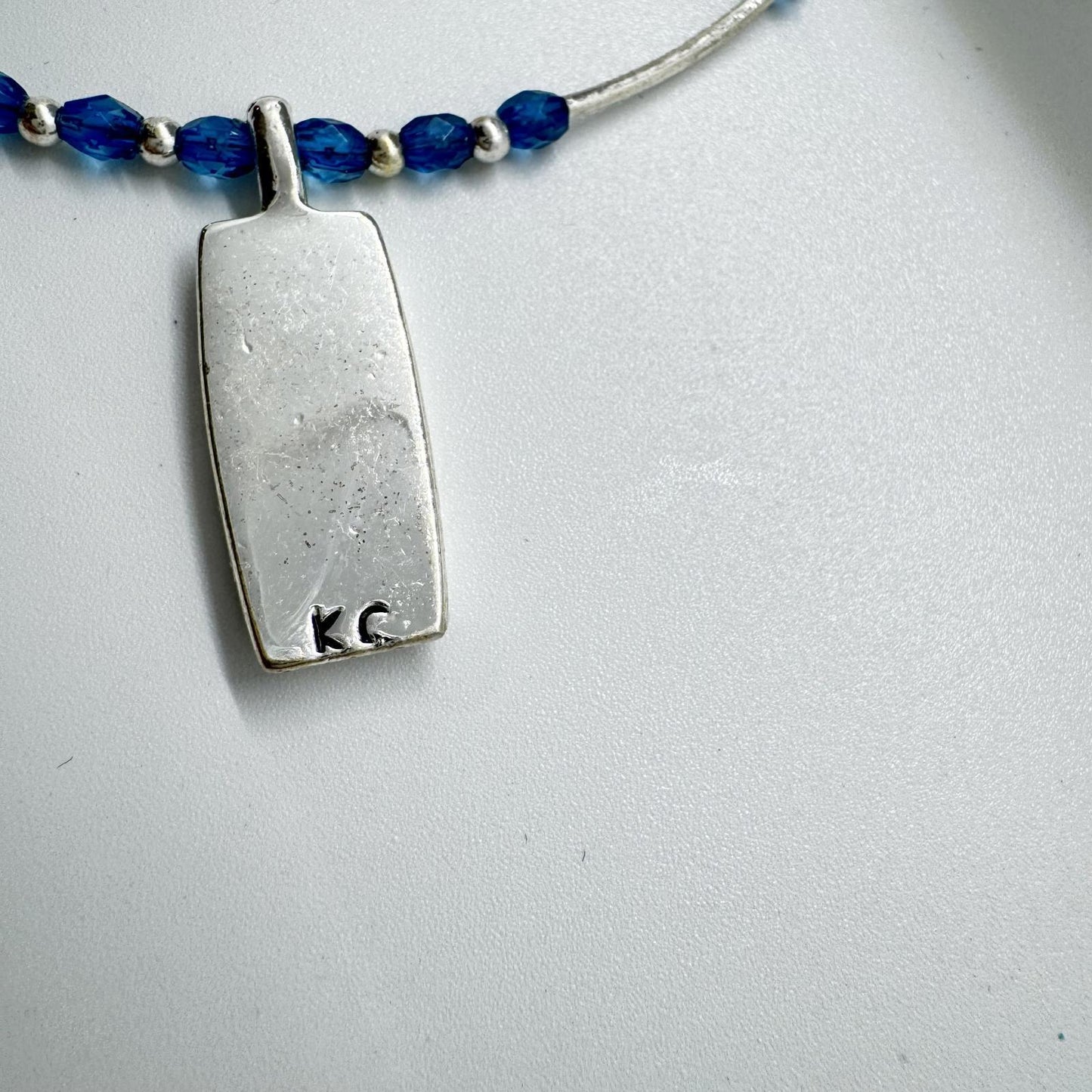 Signed Elegant Blue Beaded Necklace with Silver Tone Pendant BoHo Artisan VTG