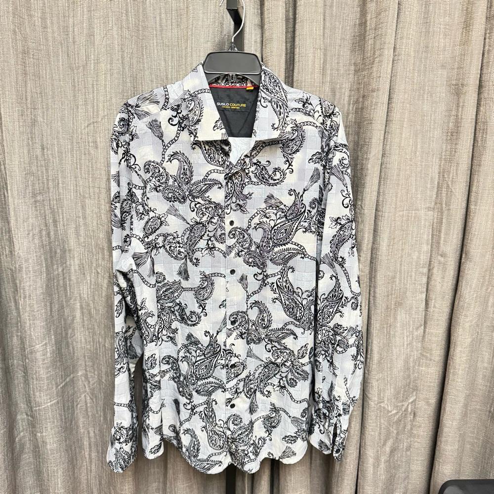 Mens Black and White Casual Button Down Shirt XXL