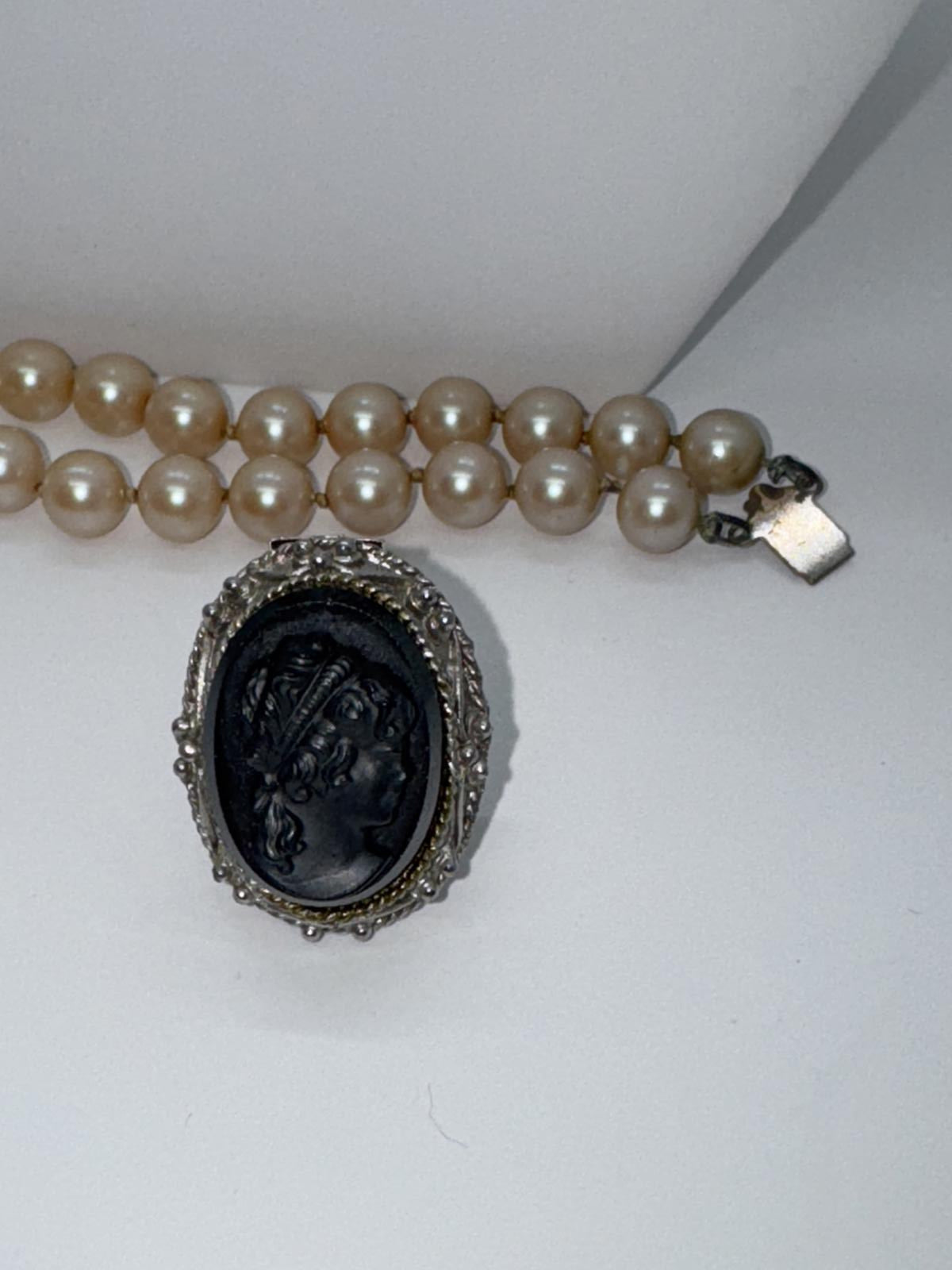 Elegant Vintage Two-Strand Faux Pearl Necklace with Cameo Pendant