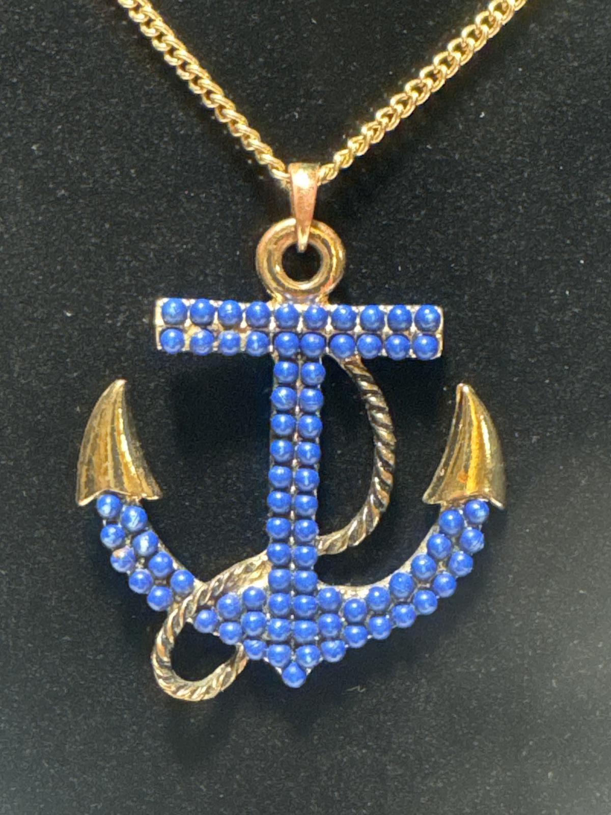 Beautiful Blue Anchor Nautical Necklace with Gold Tone Accents Spring Wardrobe 