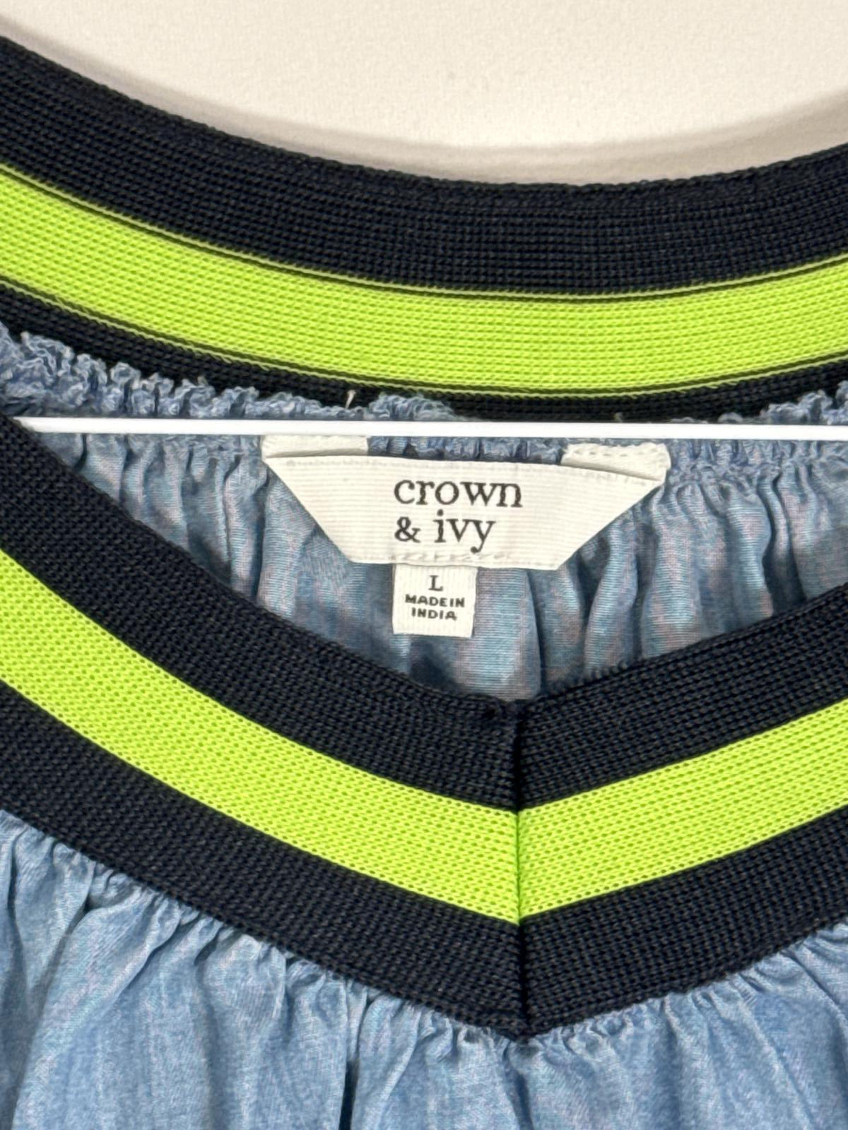 Stylish Cold Shoulder Top by Crown & Ivy - Light Blue with Neon Accents Size L