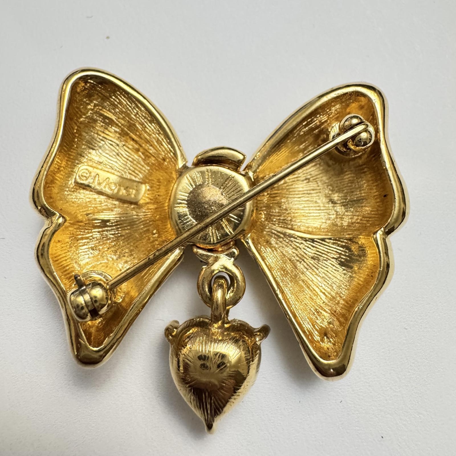  VTG Monet Gold Bow Brooch with Dangling Heart – Romantic Grandmacore Jewelry