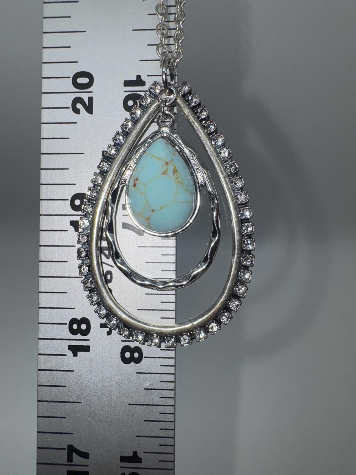 Silver-Tone Turquoise & Rhinestone Teardrop Pendant Necklace – Boho Statement