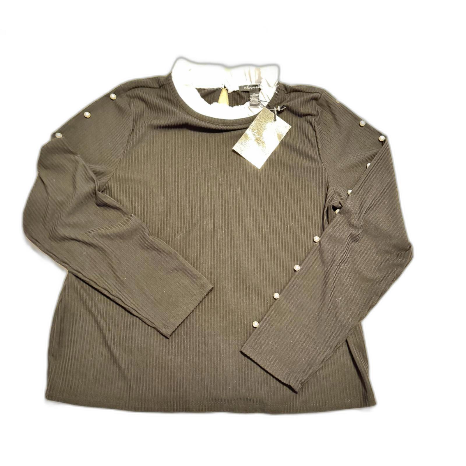 Elegant Black Ribbed Long Sleeve Top with Pearl Accents Old Money Style NWT