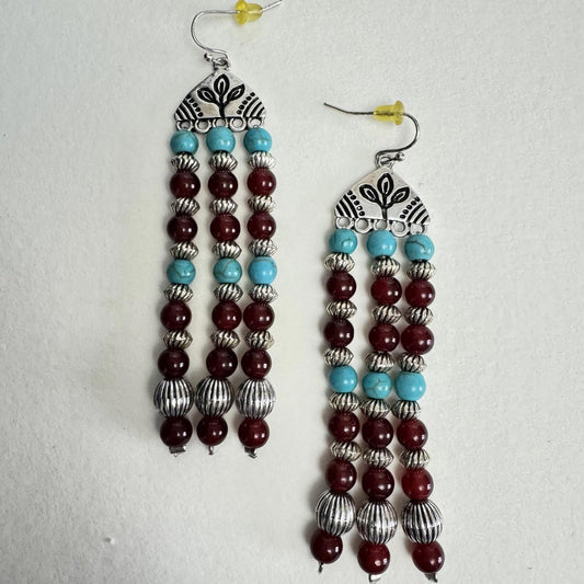 Boho Dangle Earrings with Turquoise & Red Beads – Festival Jewelry