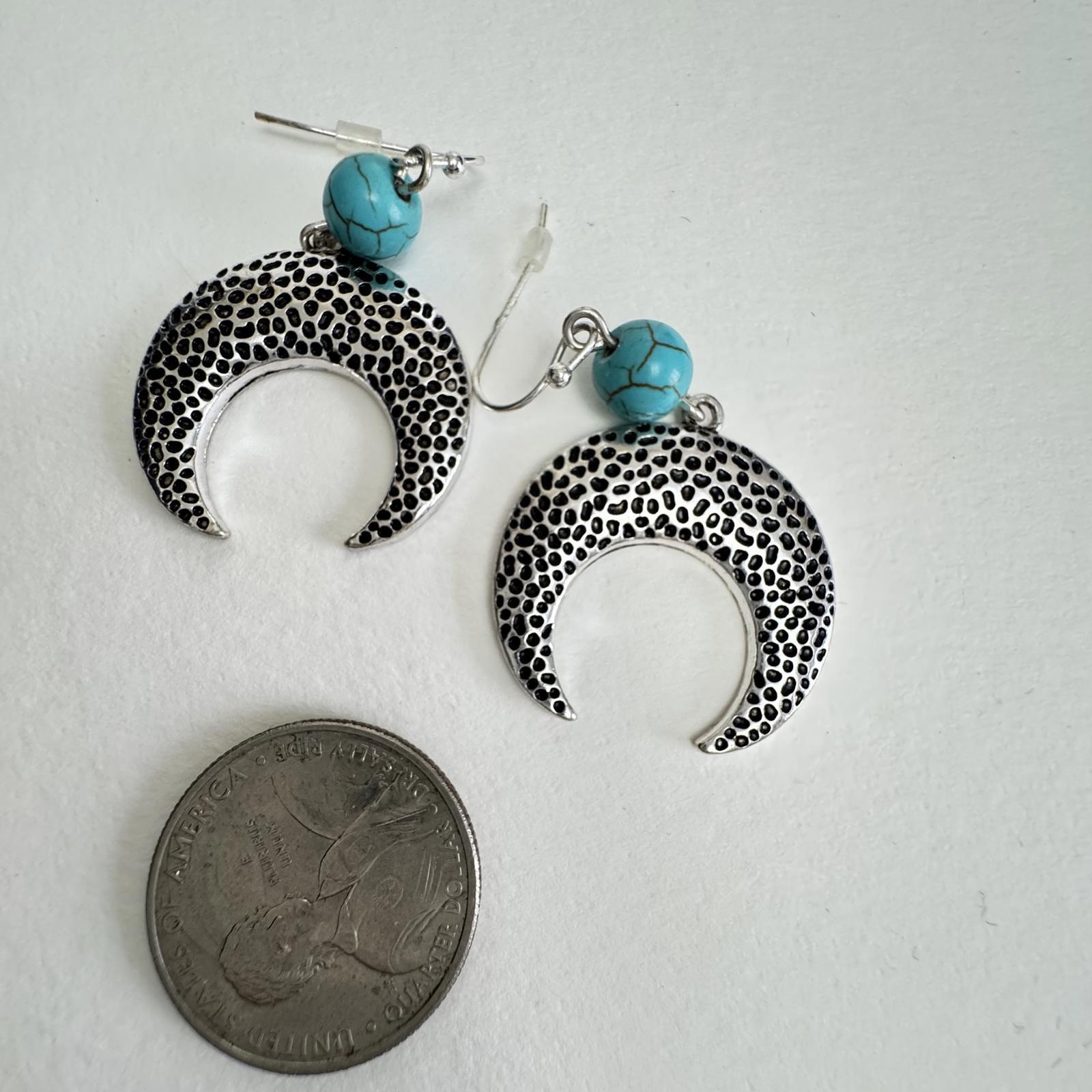 Silver-Tone Crescent Moon Earrings with Turquoise Beads – Boho Jewelry