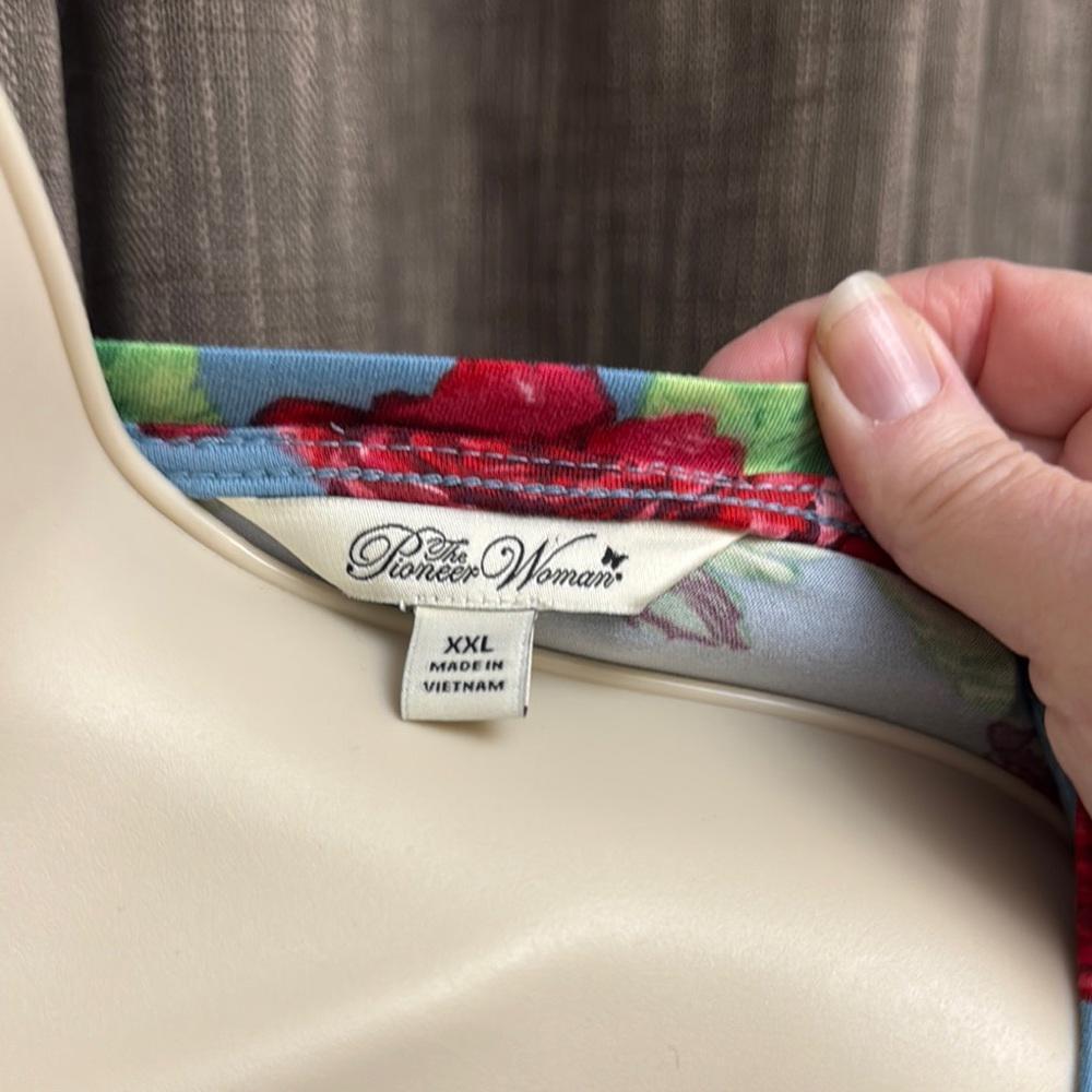 The Pioneer Woman Blue Bell Sleeve Blouse with Red Floral Design