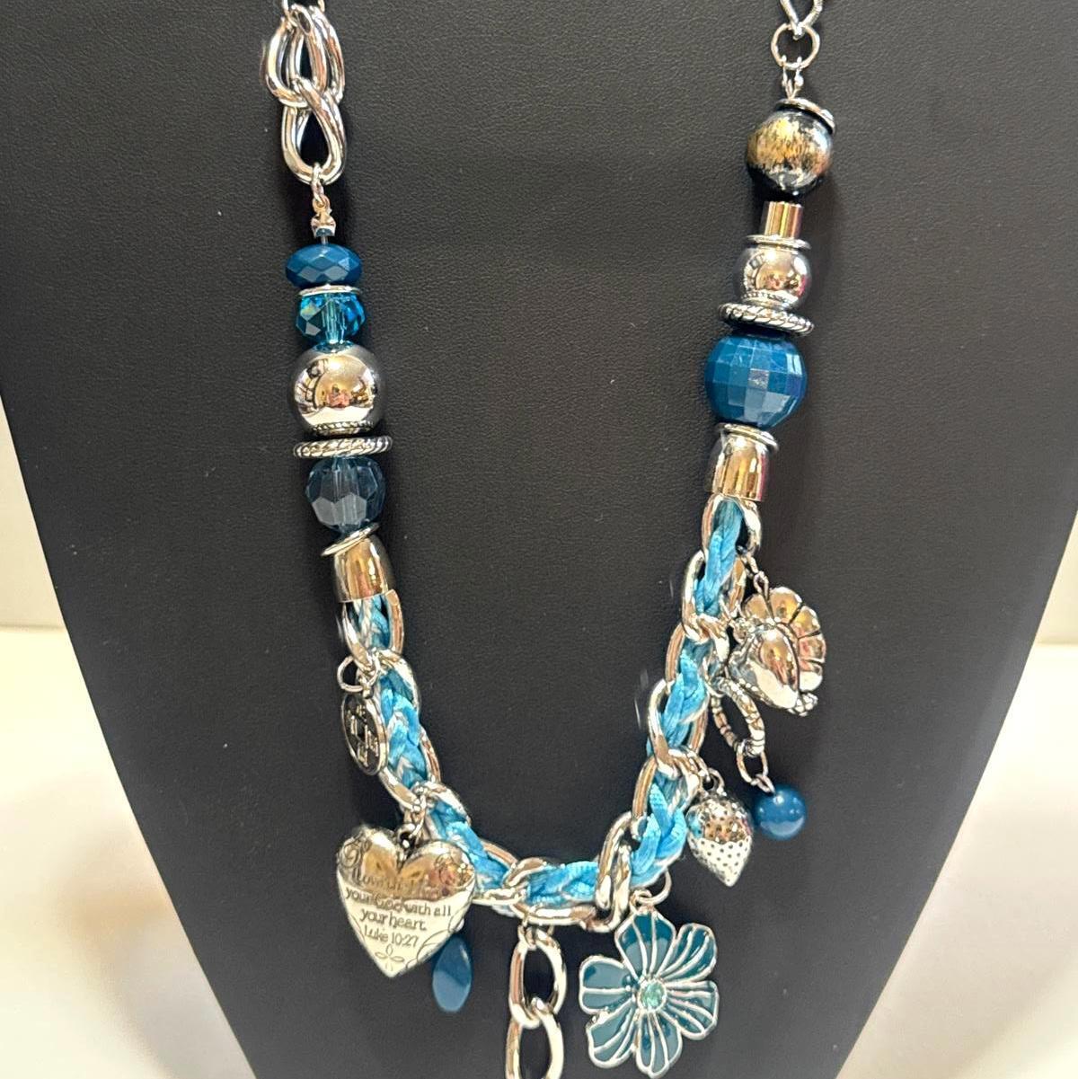 Silver-Tone Blue Charm Necklace – Braided Chain Faith & Floral Pendant Jewelry