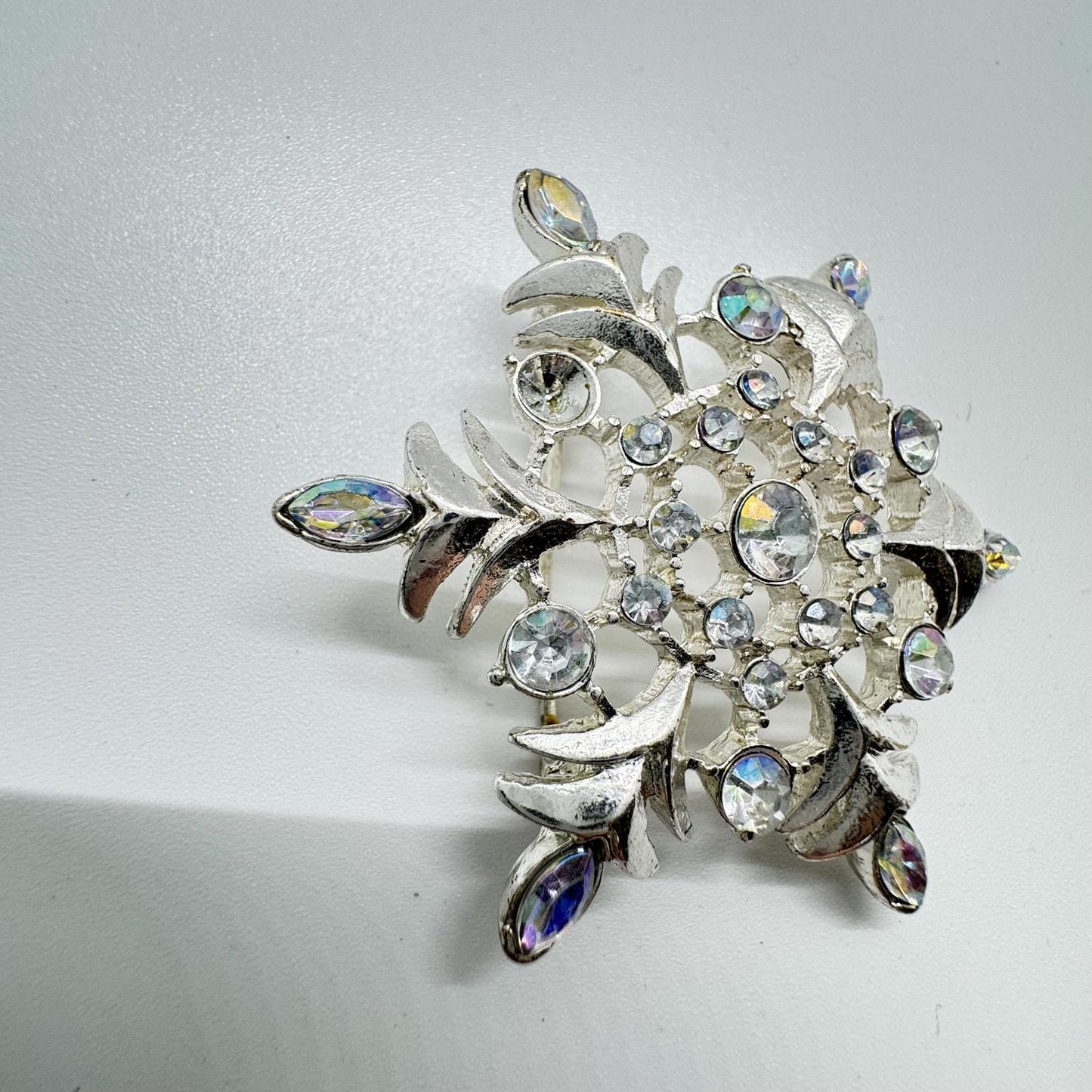 Vintage Silver-Tone Aurora Borealis Rhinestone Snowflake Brooch – Mid-Century