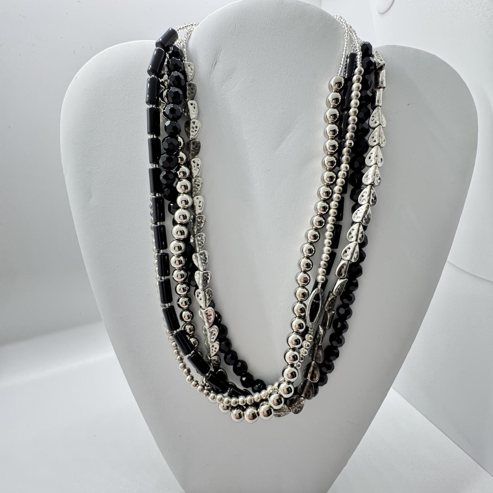 Multi-Strand Black & Silver Beaded Necklace – Boho Statement Layered Jewelry
